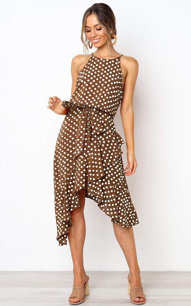 ECOWISH Womens Boho Polka-dot Tie Waist Irregular Cocktail Midi Dress Sleeveless Halter Neck Sexy Su | Amazon (US)