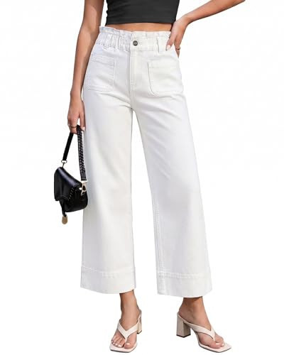 luvamia Wide Leg High Rise Jeans for Women Cropped Patch Pocket Paper Bag Waist Stretchy Wide Leg Cropped Jeans for Women High Waisted Denim Pants Cream White Medium US Size 8-10 | Amazon (US)