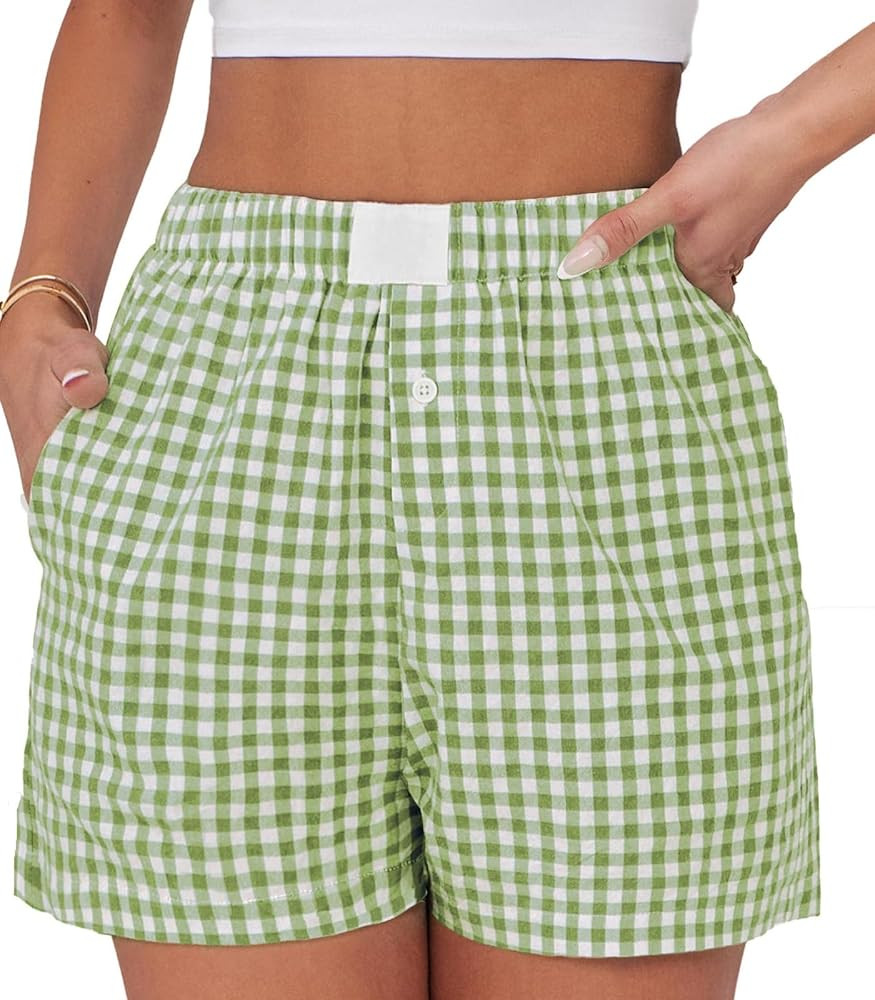 Womens Boxer Shorts Cotton Summer Casual Pajama Y2K Sleep Gingham Plaid Shorts Bottom with Pocket... | Amazon (US)