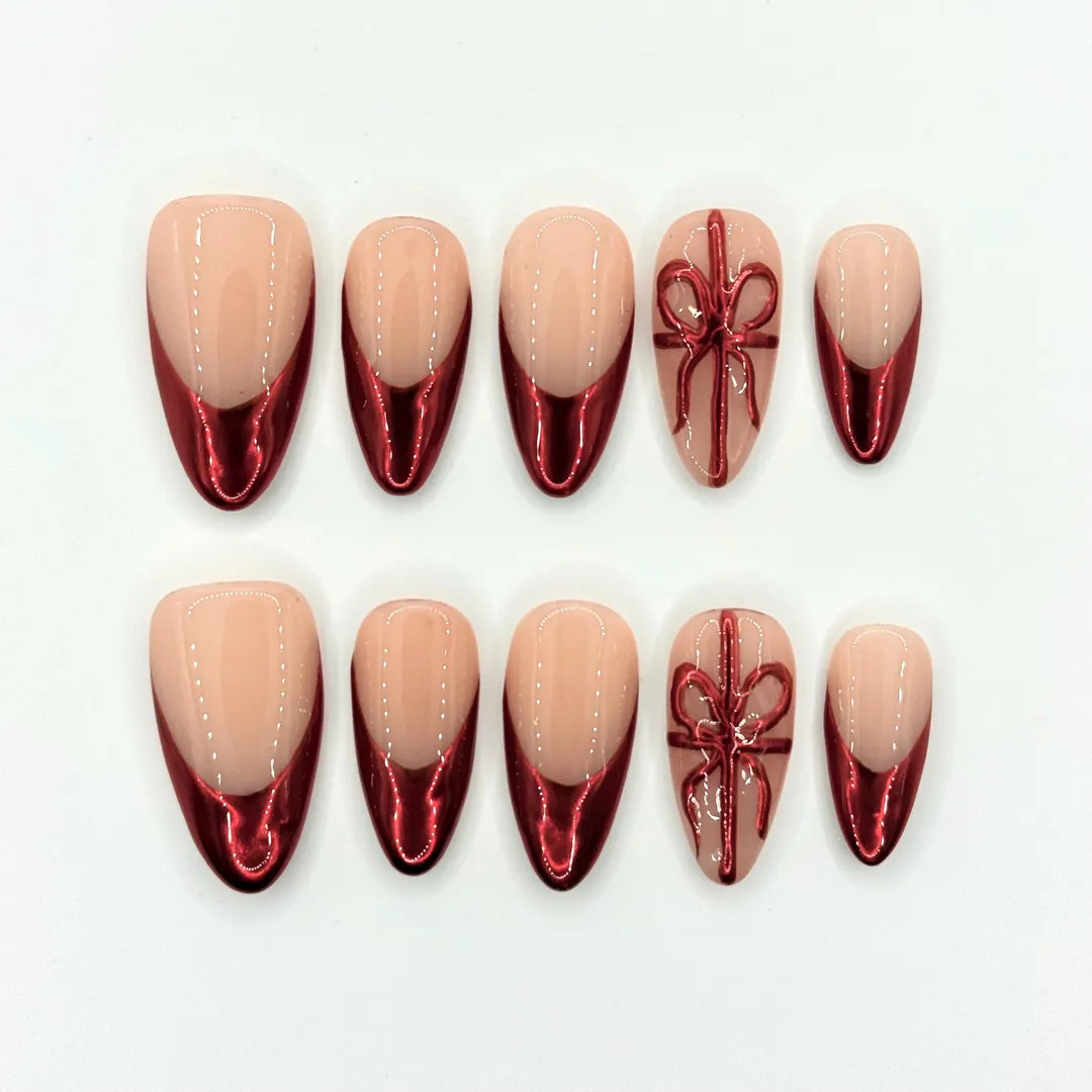 Luxury Red Chrome Bow Christmas Press-on Nails – Red French Tip Almond Nail Set - Etsy | Etsy (US)