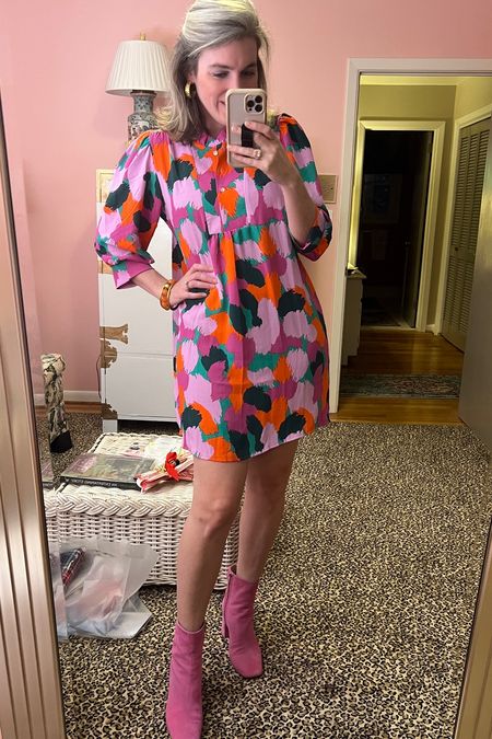 Loving this abstract dress! Ise DIXON20 for discount! I’m linking the coat it looks phenomenal with—in the pink or the green-- (it was just too hot for me to wear tonight). The earrings are on super sale!  Going on my third year with the pink booties; they are just fun!

#LTKstyletip #LTKSeasonal