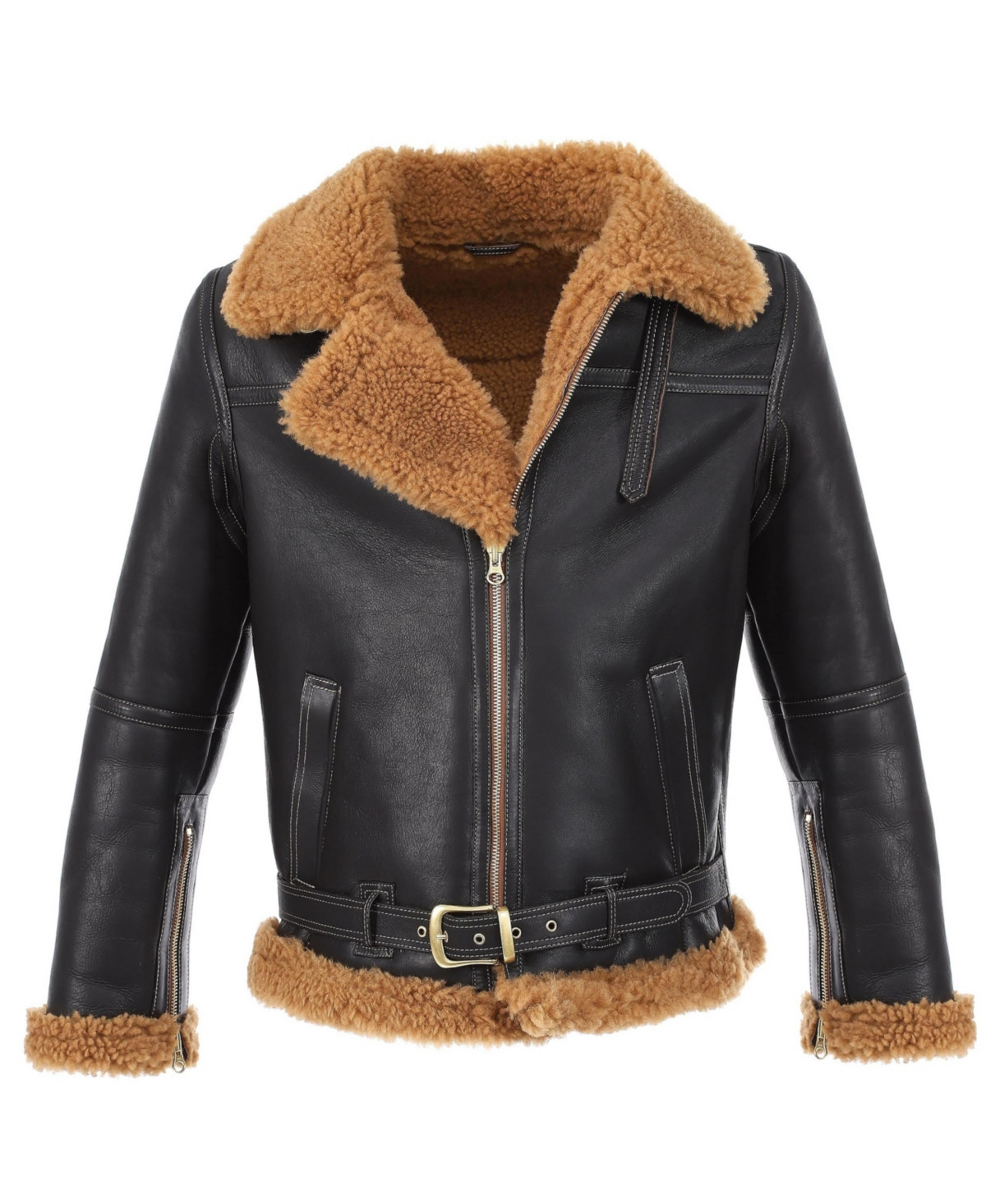 Men's Aviator Jacket, Silky Brown with Ginger Curly Wool - Brown | Macy's