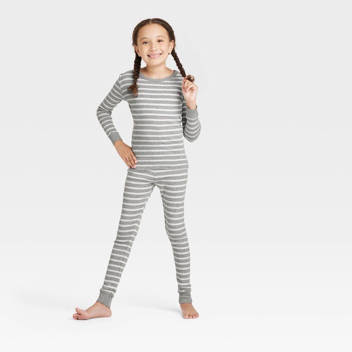 Kids' Striped 100% Cotton Tight Fit Matching Pajama Set - Gray | Target