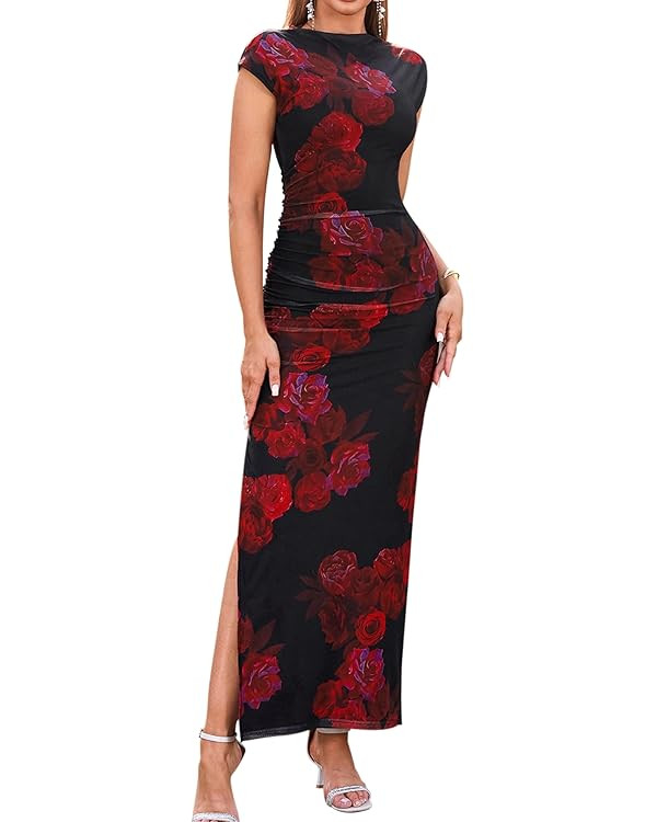 HTZMO Women Summer Floral Bodycon Maxi Dress Ruched Cap Sleeve Wedding Guest Formal Party Elegant... | Amazon (US)