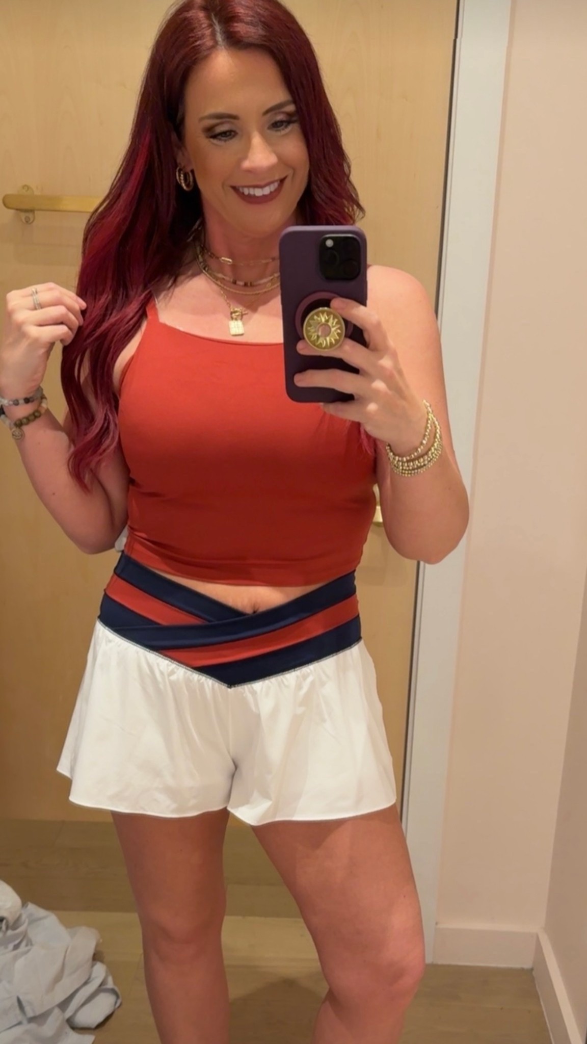 Aerie Apron red tank top with built in bra paired with blue and red crossover flowy shorts 

#LTKStyleTip