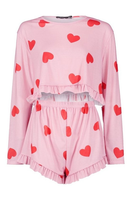 Petite Heart Print Frill Hem PJ Short Set | Boohoo.com (US & CA)