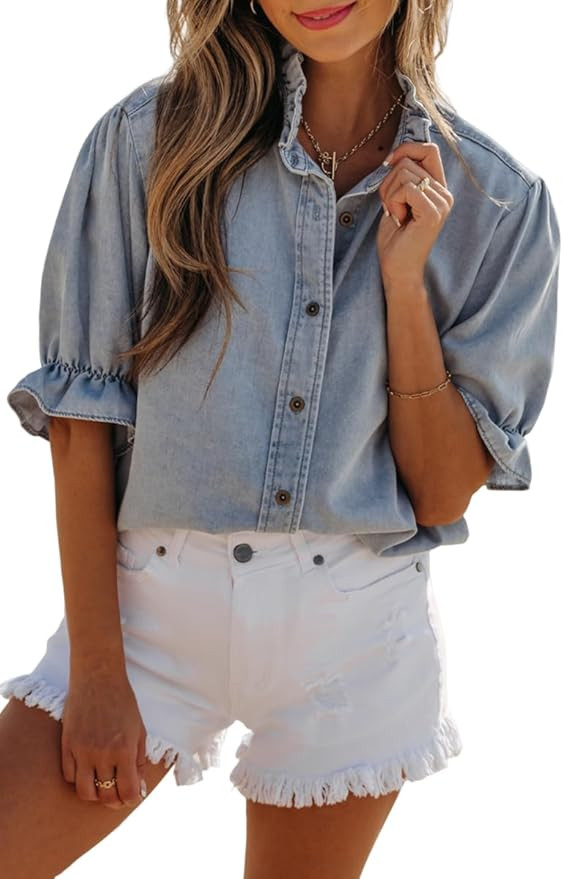 SELINK Women's Tunic Tops Elegant Ruffle Short Puff Sleeve Summer Chambray Shirt Short Sleeve Rou... | Amazon (US)