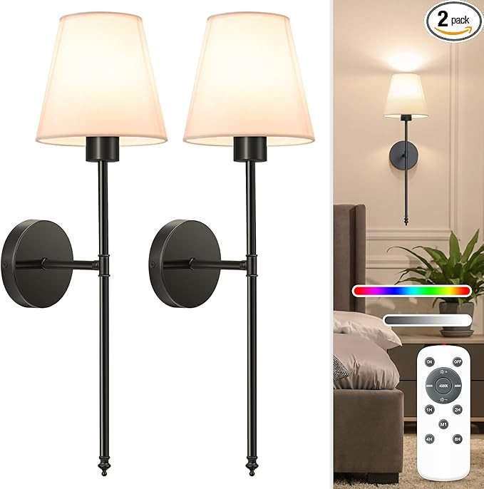 NIORSUN Battery Operated Wall Sconce Set of 2,Black Rechargeable Wall Lights with 5200mAh Dimmabl... | Amazon (US)