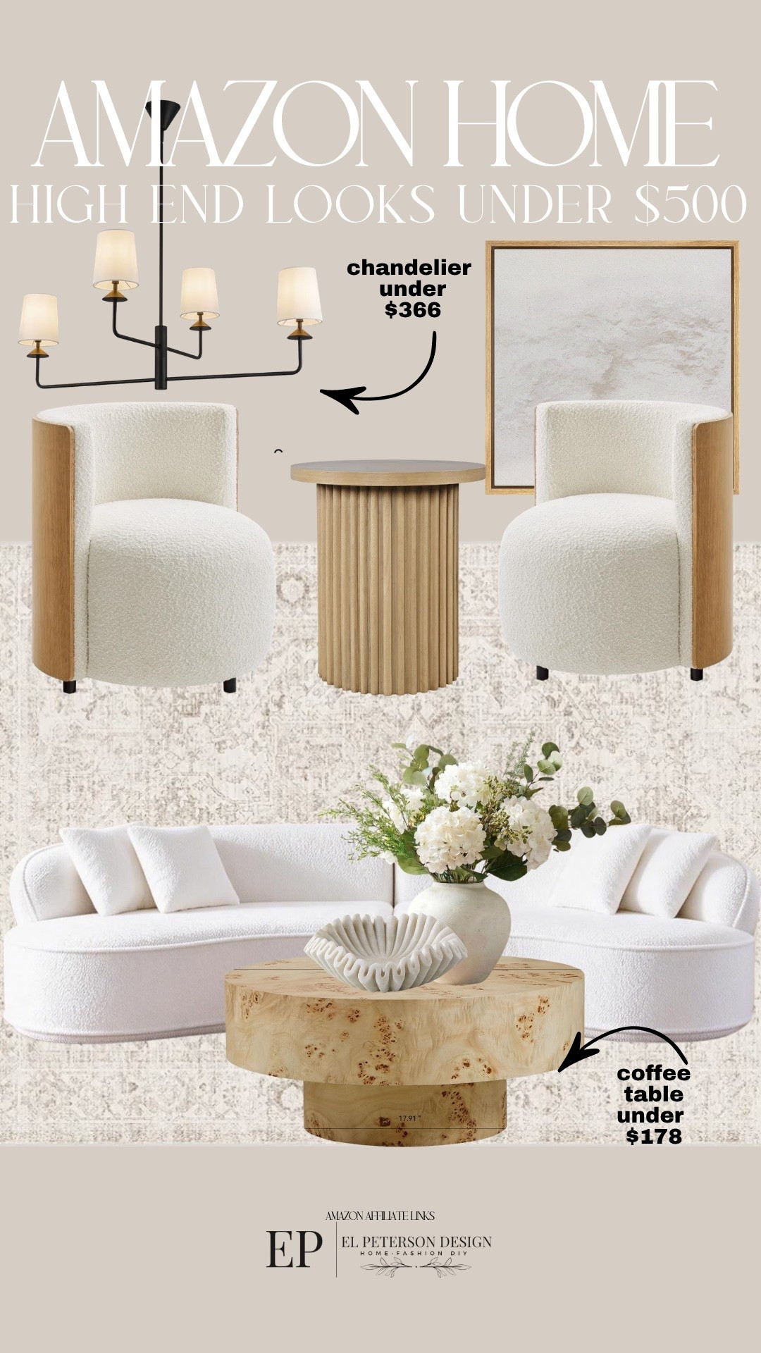 Amazon
Area rug
Accent Chair
Accent Table
Sofa
Coffee Table
Fluted bowl
Stems
Chandelier 
Artwork


#LTKHome