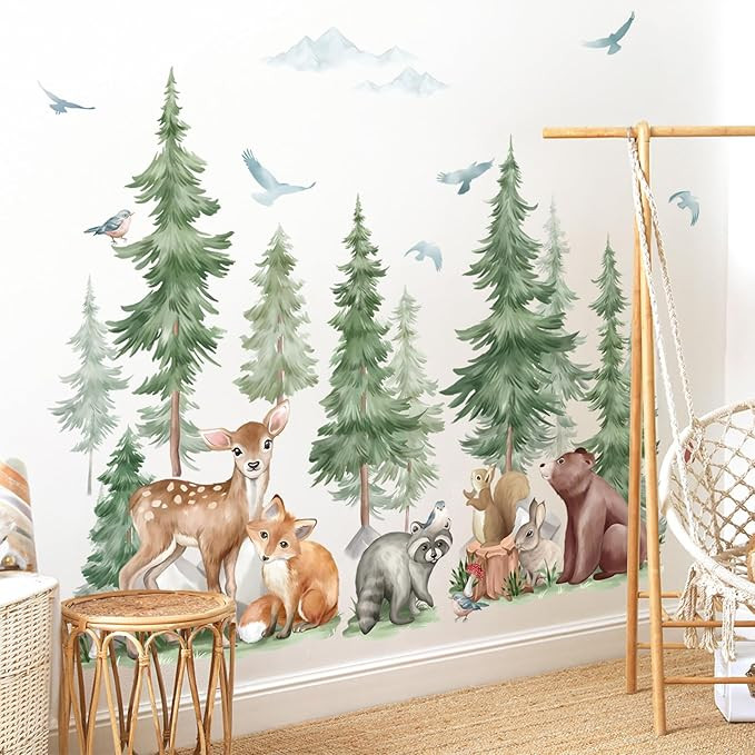 wondever Mountain Tree Wall Stickers Large Pine Tree Forest Animal Bear Fox Peel and Stick Wall A... | Amazon (US)