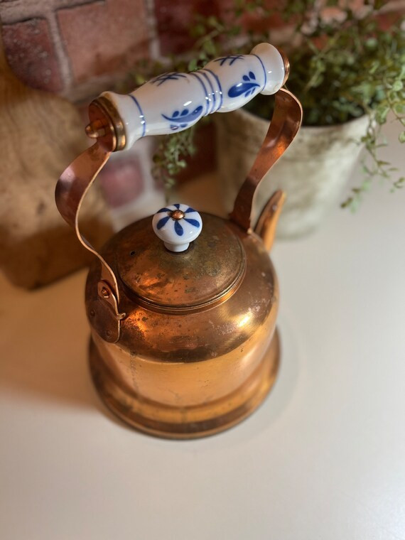 Copper tea kettle/vintage aged copper tea kettle with porcelain handle and knob/farmhouse decor/r... | Etsy (US)