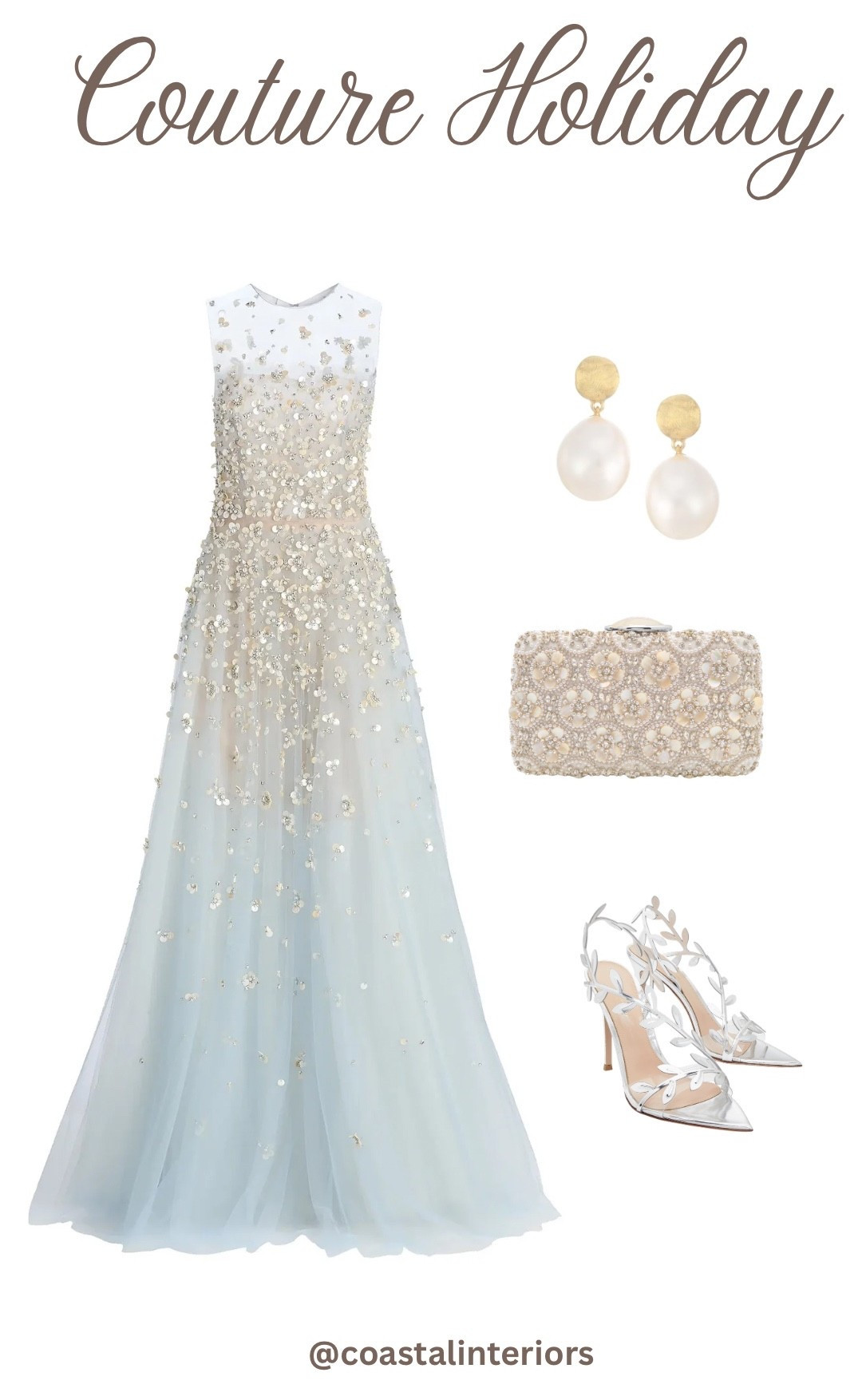 Stunning Oscar de la Renta luxury sleeveless gown in ombré tulle, hand sewn beading, mother of pearl embellishments in a Cinderella sky blue color. Pearl and gold earrings, evening wear clutch with mother of pearl detailing and silver leaf gala ready formal heels.

Black tie, formal gown, designer gown 

#LTKHoliday