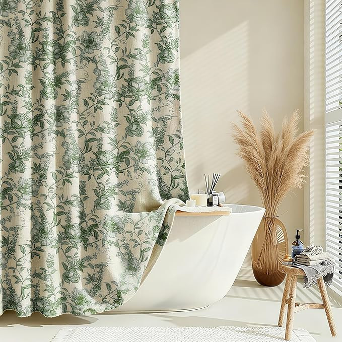 Sage Green Floral Farmhouse Shower Curtain with 12 Clear Rings, Fabric Faux Linen Shower Curtain ... | Amazon (US)