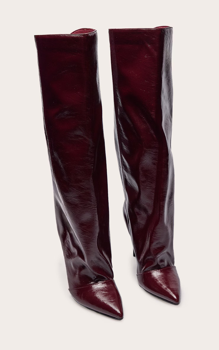 Burgundy Crinkle Patent Ruched Knee Boots | PrettyLittleThing UK