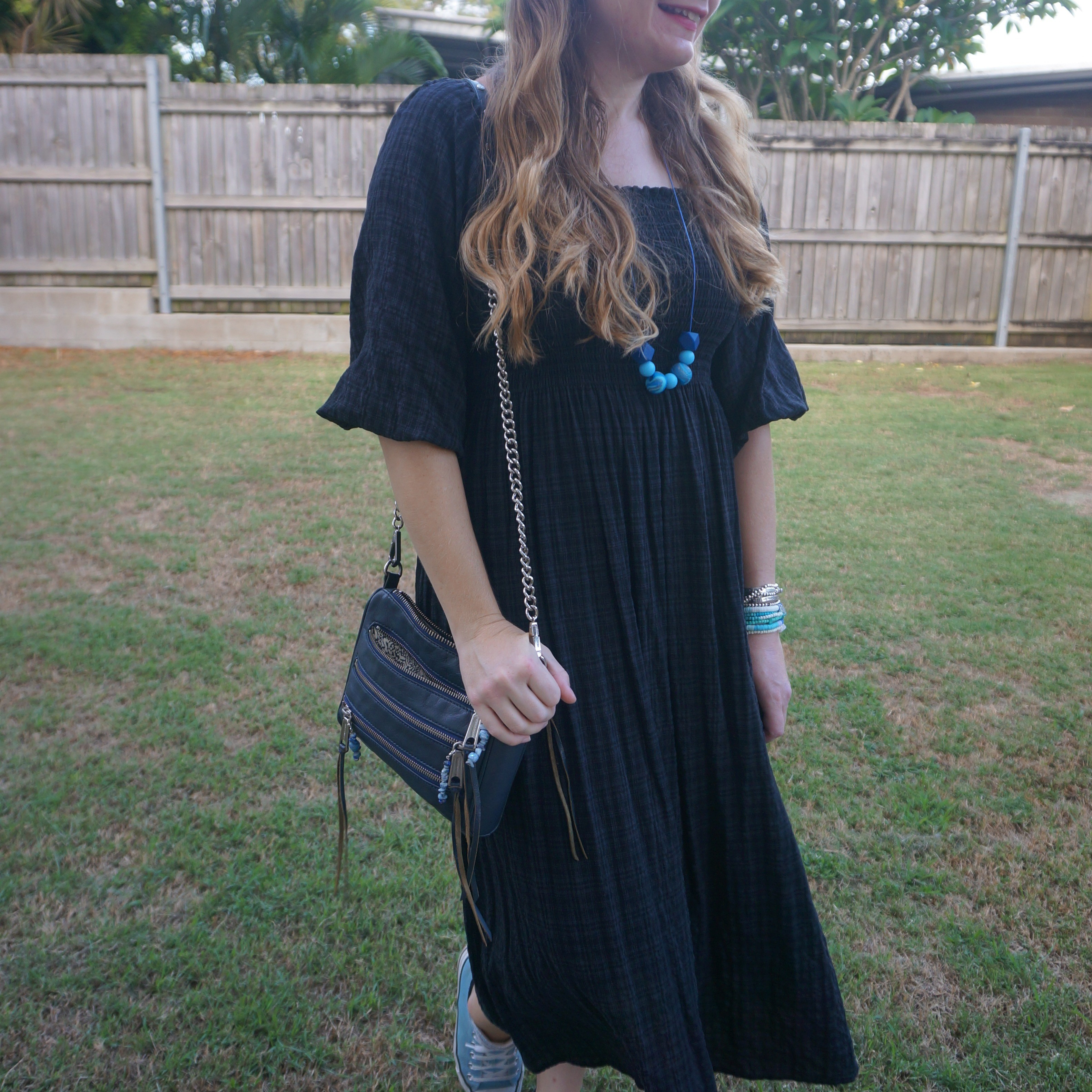 Black tartan shirred midi dress with blue accessories 💙  Converse and Rebecca Minkoff mini 5-zip bag 💙

#LTKbag #LTKworkwear #LTKsummer