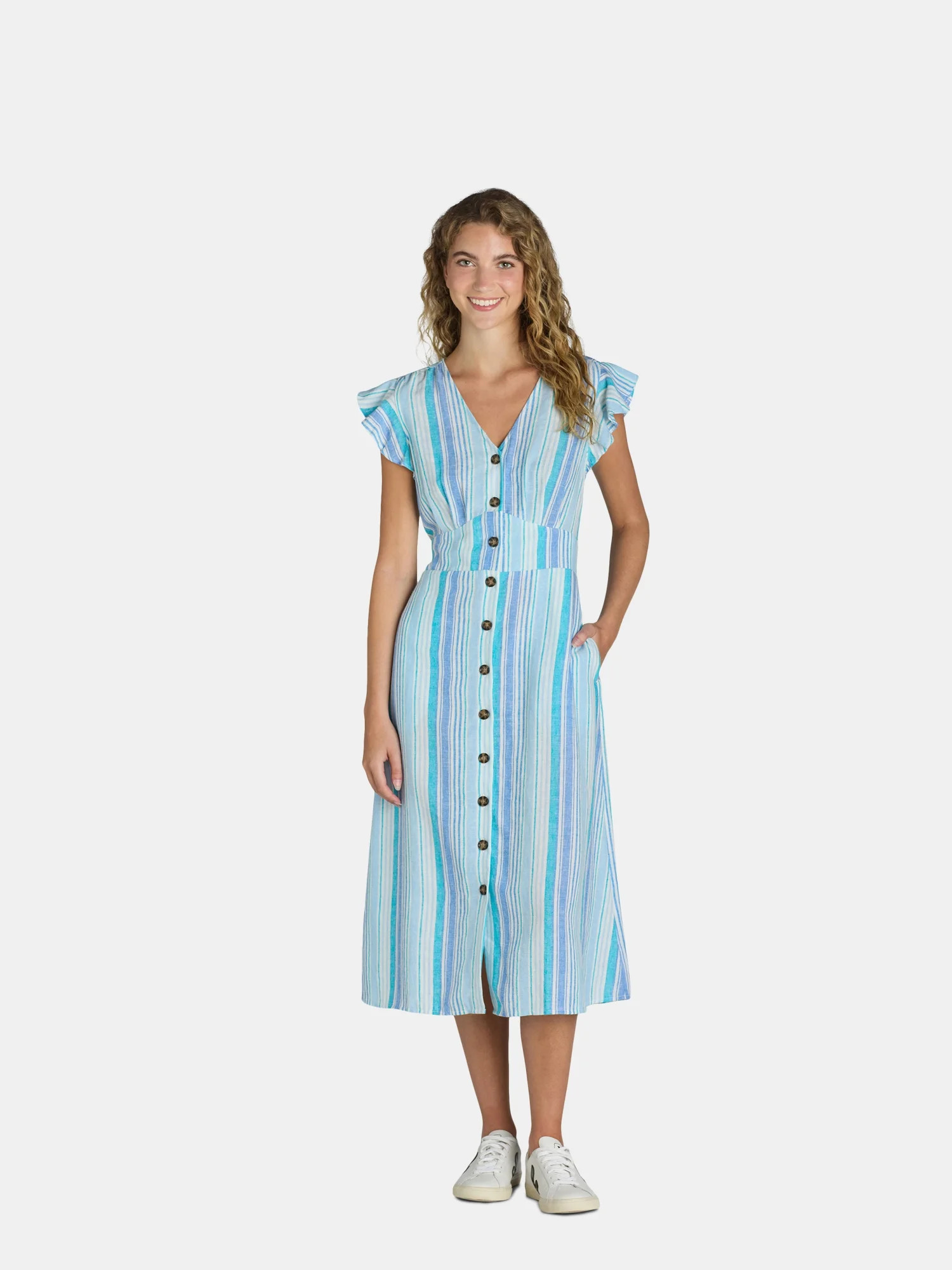 Time and Tru Women's and Women's Plus Midi Dress with Flutter Sleeves, Sizes XS-4X - Walmart.com | Walmart (US)