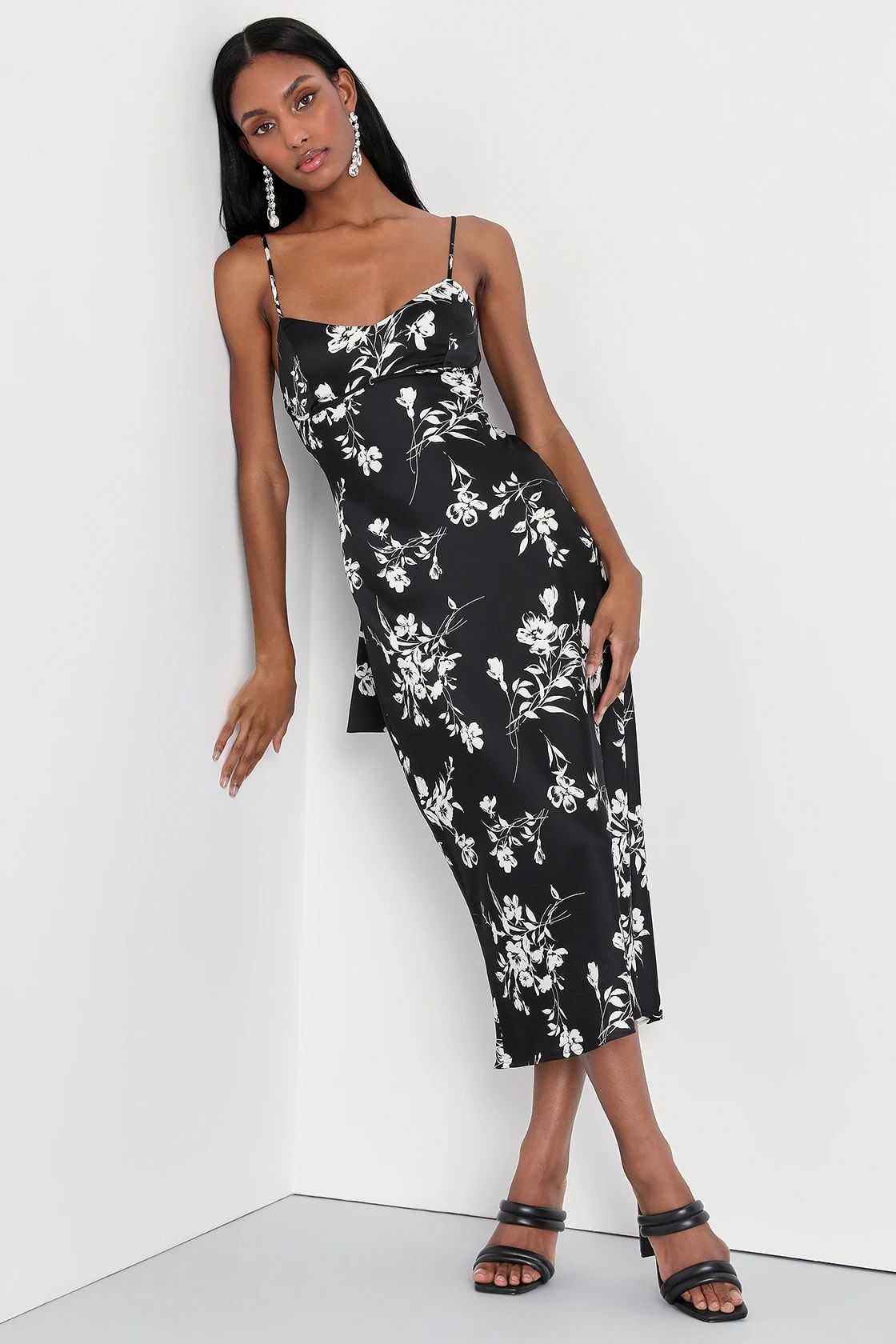 Glamorous Efforts Black Floral Print Tie-Back Midi Dress | Lulus (US)