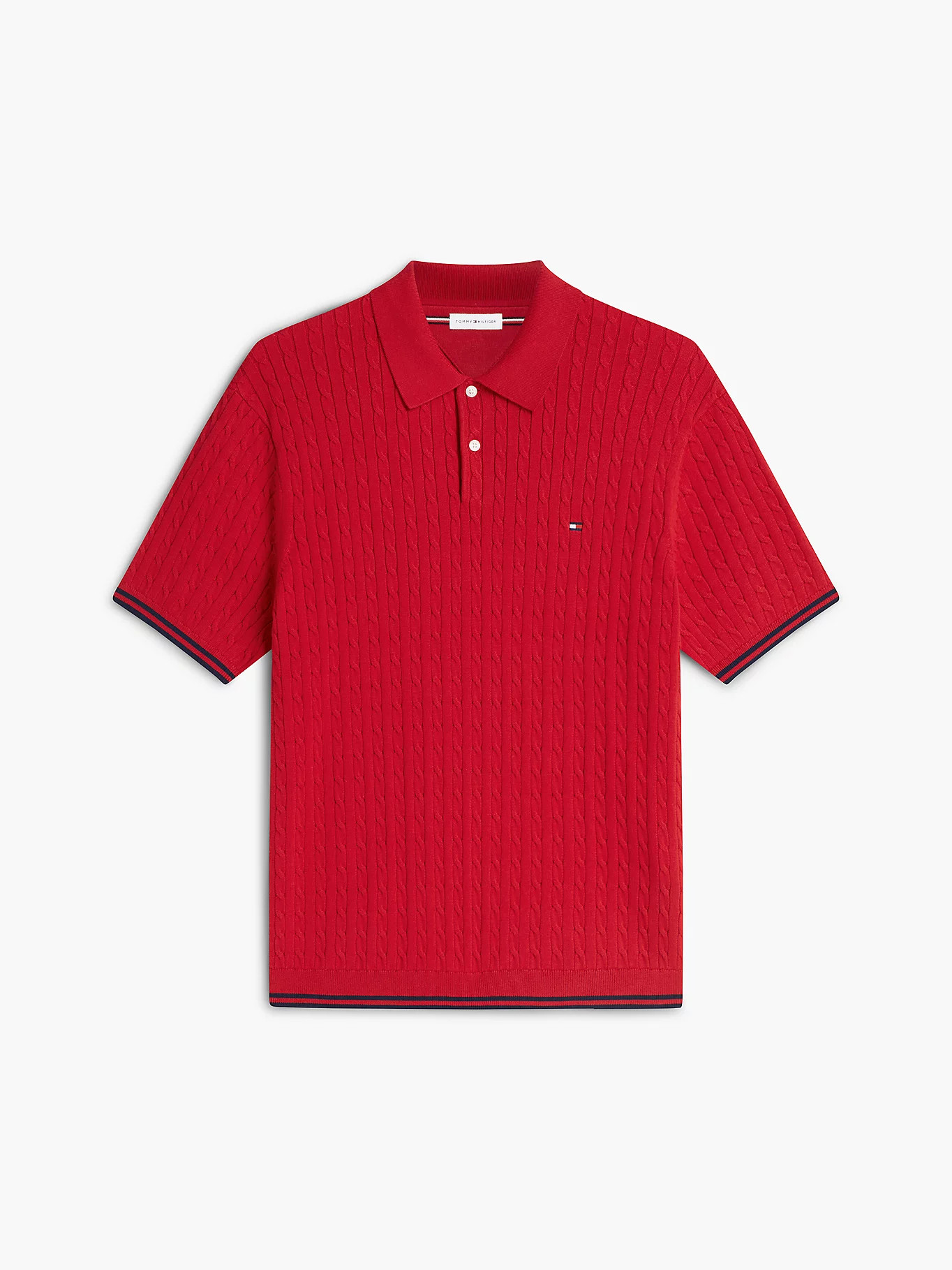 Cable Knit Short Sleeve Polo Jumper | Red | Tommy Hilfiger | Tommy Hilfiger UK