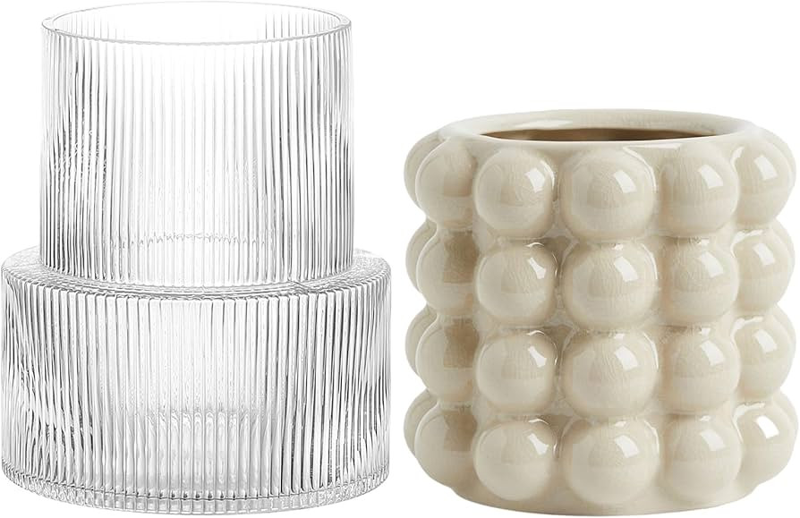 YANWE1 Clear Glass Vase, Small Ceramic Vase, Flower Vase, Bubble Vase for Flower, Ribbed Glass Va... | Amazon (US)
