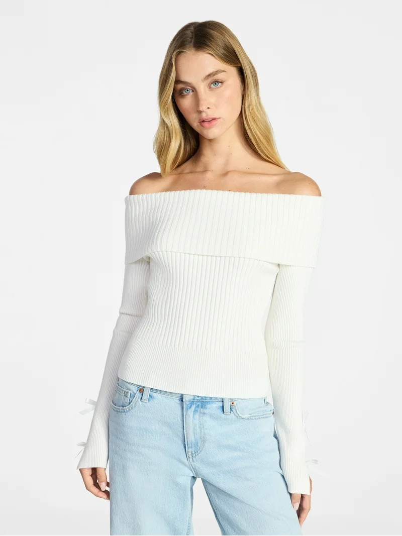 No Boundaries Off-The-Shoulder Pullover Top with Bow Sleeves, Women’s XXS-XXL | Walmart (US)
