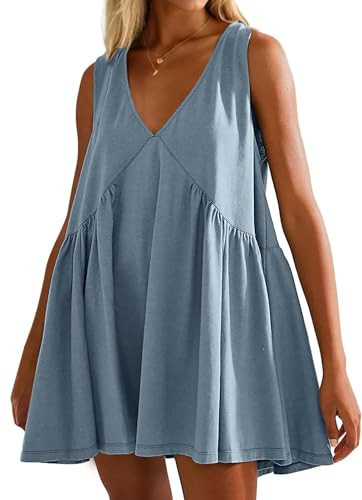 RONGCAT Womens Summer Sleeveless Mini Dress Casual Loose V Neck Sundress with Pockets Swing Flowy Pleated Beach Tank Dresses(Blue,S) | Amazon (US)