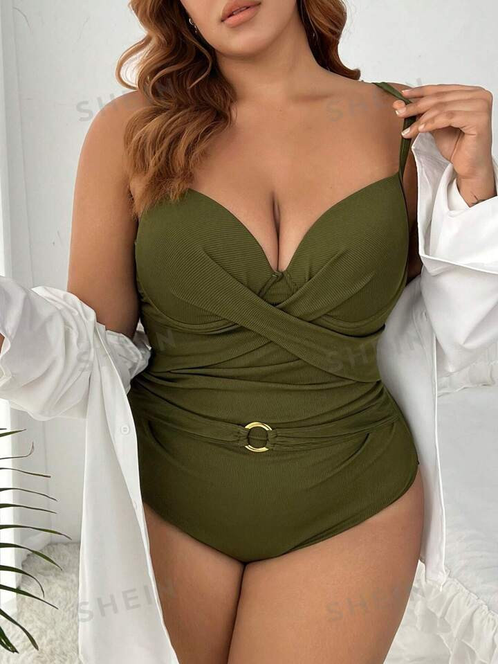 Plus Size Round Ring Decor Crisscross Detail Monokini Swimwear Wedding | SHEIN