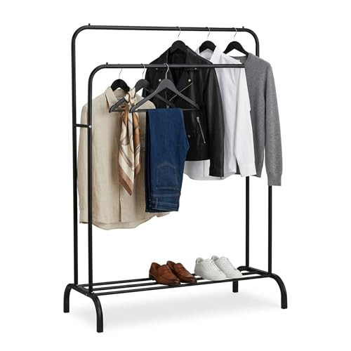 Relaxdays Clothes Rack H x W x D: 146 x 110 x 56 cm with Shelf and 2 Clothes Rails Double Coat Rack Metal Black | Amazon (US)