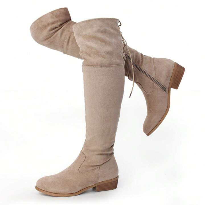 Hawkwell Women's Thigh High Fashion Boots Over The Knee Black Low Flat Heel Boots | SHEIN