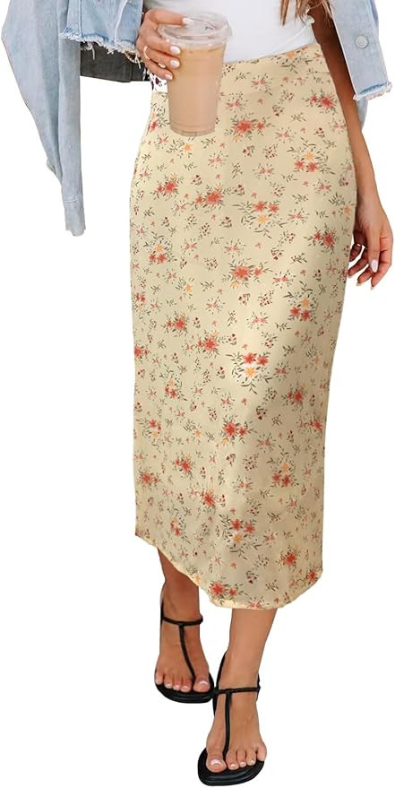 HERBATOMIA Women’s Floral Print Midi Skirt Casual High Elastic Waist Zipper Vintage Long Boho S... | Amazon (US)