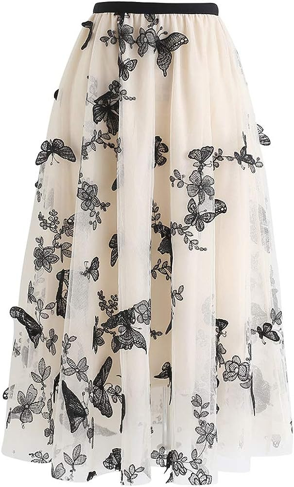 CHICWISH Women's Caramel/Dusty Blue/White/Black 3D Posy Double-Layered Mesh Midi Skirt | Amazon (US)