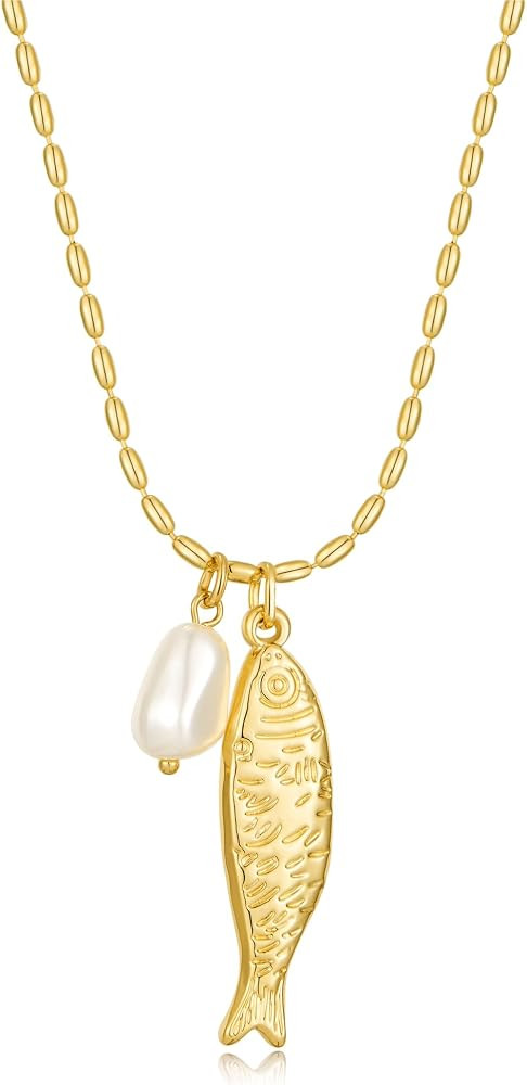 Gold Charm Necklaces for Women Boho Shell Fish Starfish Pearl Pendant Necklaces Summer Beach Ocea... | Amazon (US)