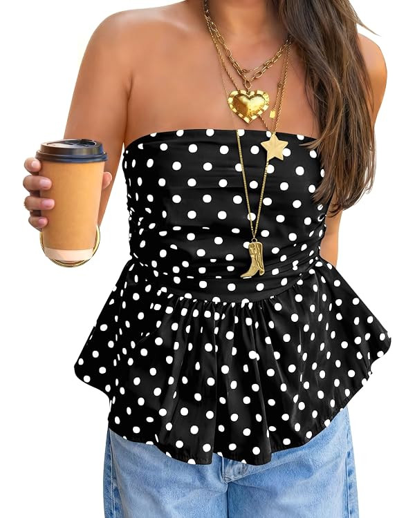 Tankaneo Womens Strapless Polka Dot Tube Tops Cute Summer Peplum Y2K Top | Going Out Bandeau Tops... | Amazon (US)