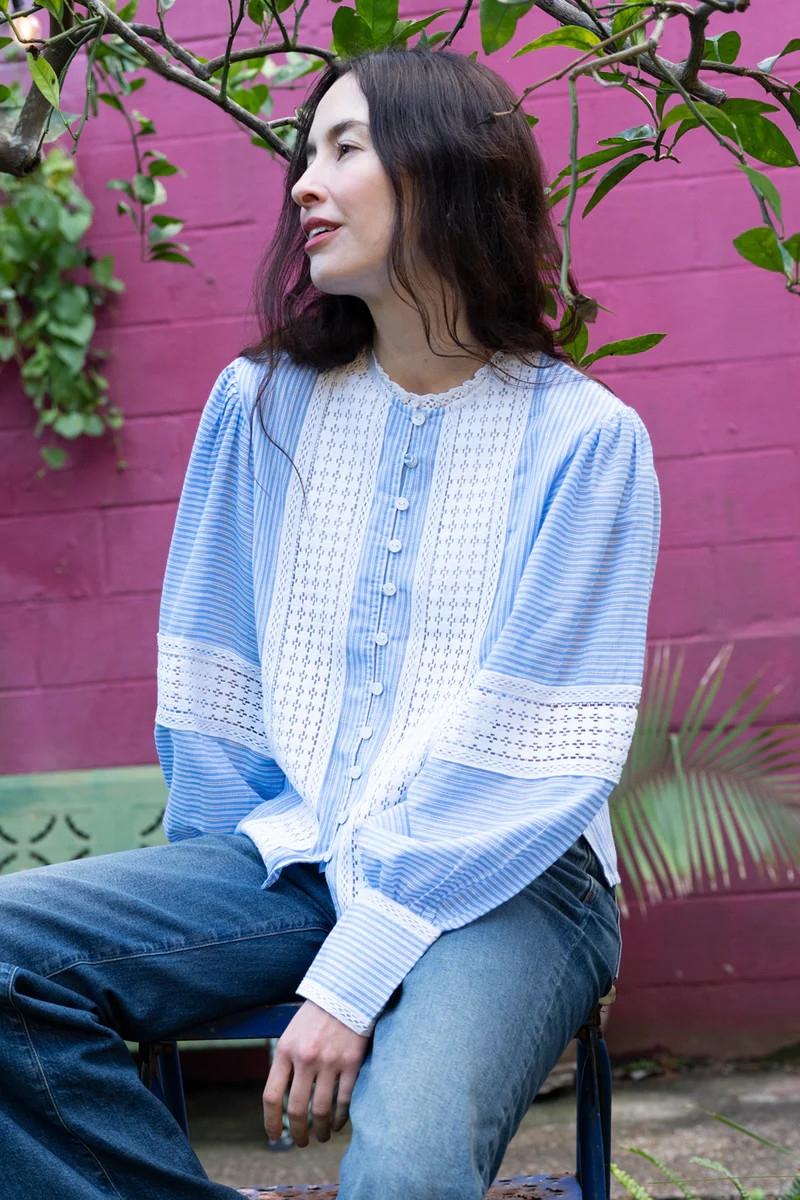Boxy Balloon Sleeve Top | Blue/White Pinstripe Trellis Lace | SUE SARTOR