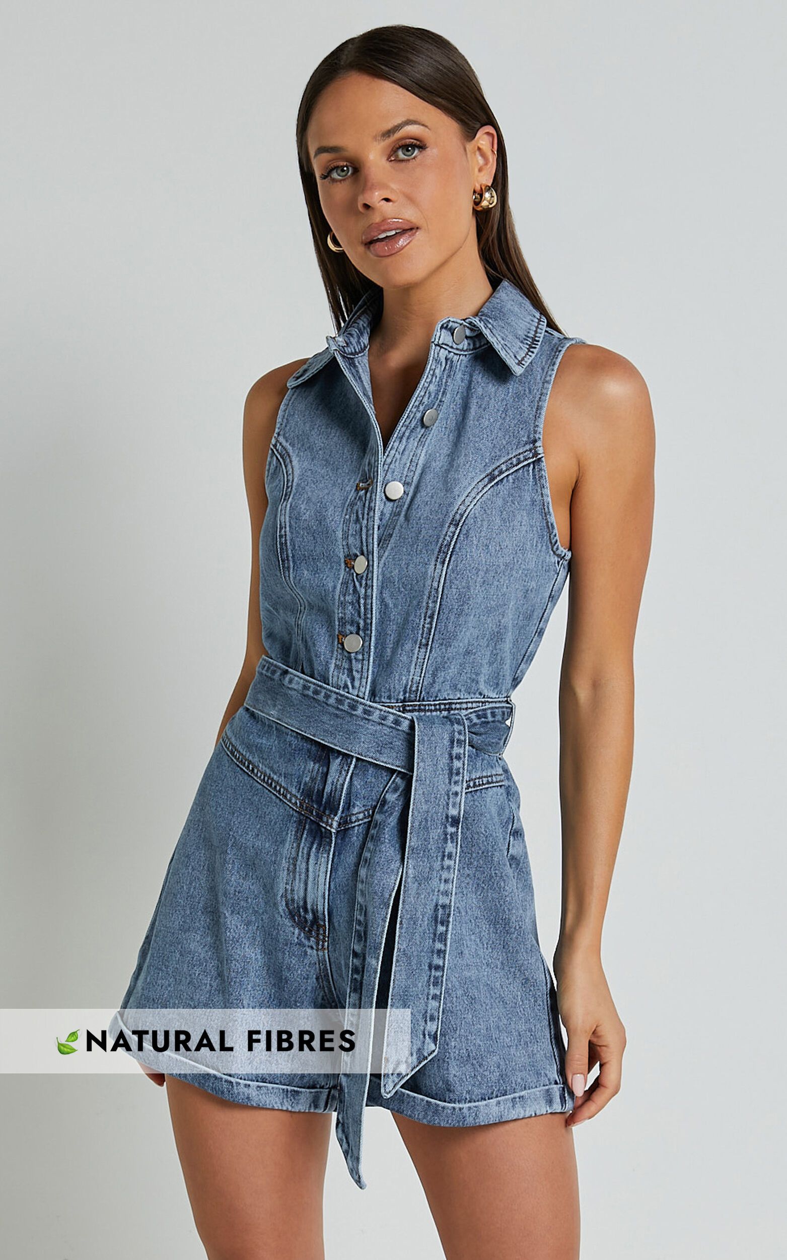 Nilsen Playsuit - Button Through Tie Waist Denim Playsuit in Mid Blue Wash | Showpo (US, UK & Europe)