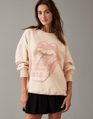 AE Oversized Holiday Rolling Stones Graphic Sweatshirt | American Eagle Outfitters (US & CA)