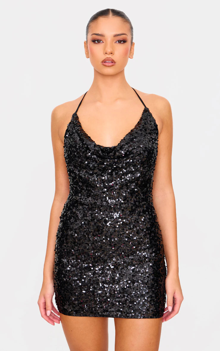 Black Sequin Tie Cowl Halter Neck Bodycon Dress | PrettyLittleThing UK
