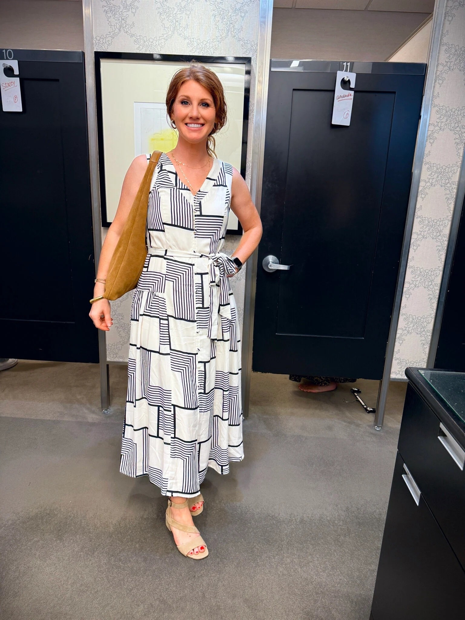 Nordstrom sale finds! This geo print belted midi dress is perfect for Summer and could be styled with some neutral heels or a bold color sandal! Stephanie has added a fun boho bag and is wearing a size small. 

#LTKStyleTip #LTKFindsUnder100 #LTKPetite