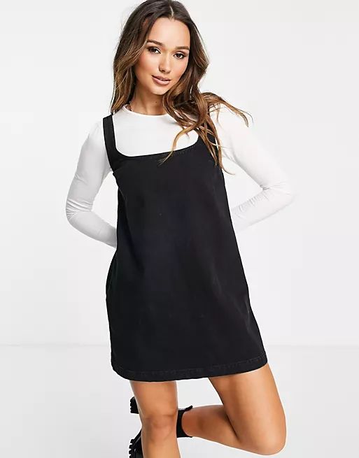 ASOS DESIGN denim A-line pinafore in washed black | ASOS (Global)