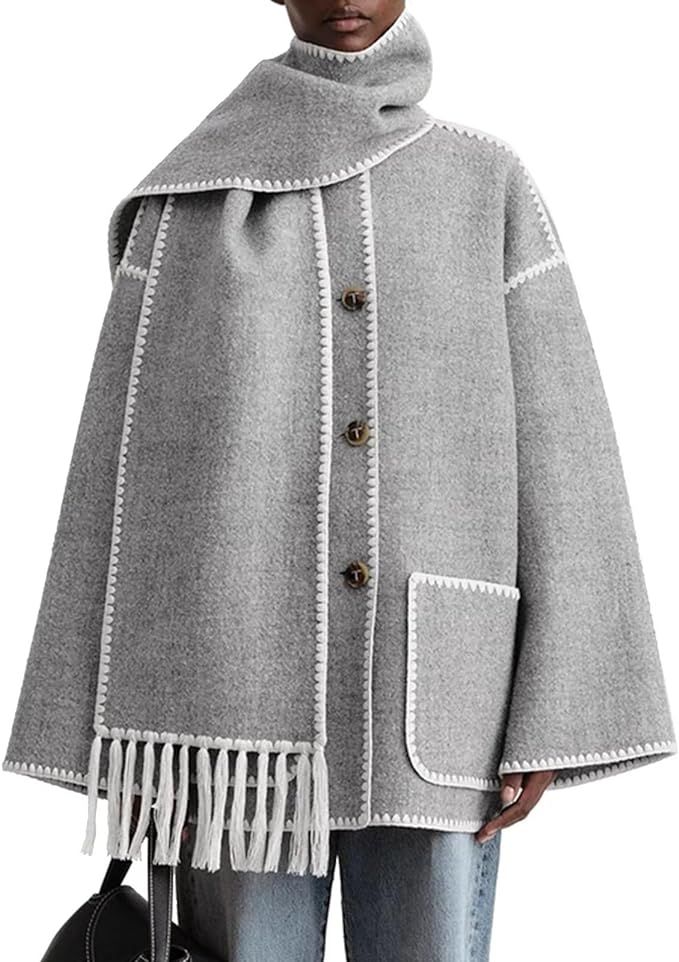 RAMOUG Women's Autumn And Winter Fashion Coat Casual Embroidery Tassel Scarf Loose Jacket | Amazon (US)