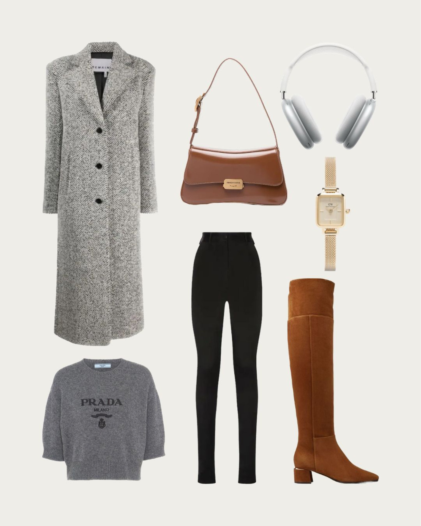 Chevron-knit single-breasted coat,
 Airpod Max silver headphones, shoulder bag, minimalistic watch, grey knit top, knee-length boots and runaway featured KIM DOLCE&GABBANA high waisted skinny-fit trousers

#LTKeurope #LTKstyletip #LTKshoecrush