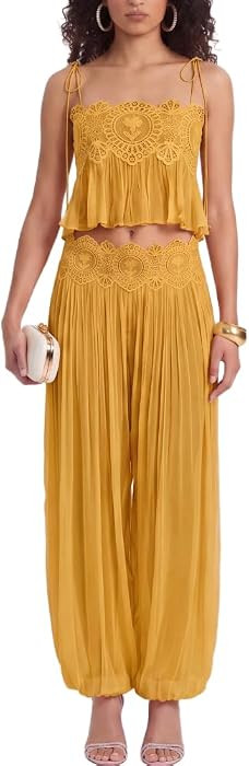 Sexy Lace Mesh See Through Bohemian Two Piece Spaghetti Strap Pleated Crop Top Harem Pants Summer... | Amazon (US)