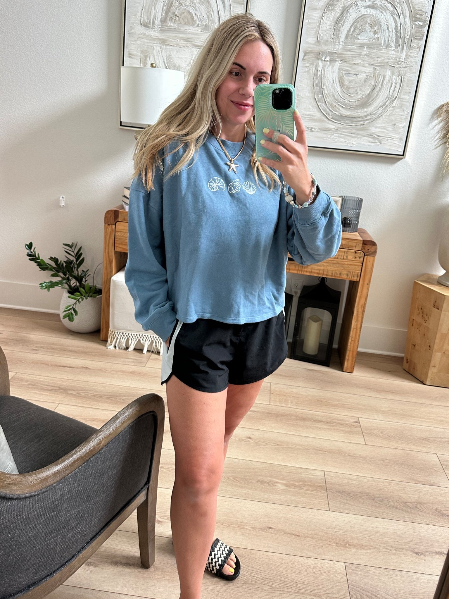 Sized up to and an XL in this cute seashell sweatshirt from target! Shorts and sandals are TTS. 

#LTKMidsize