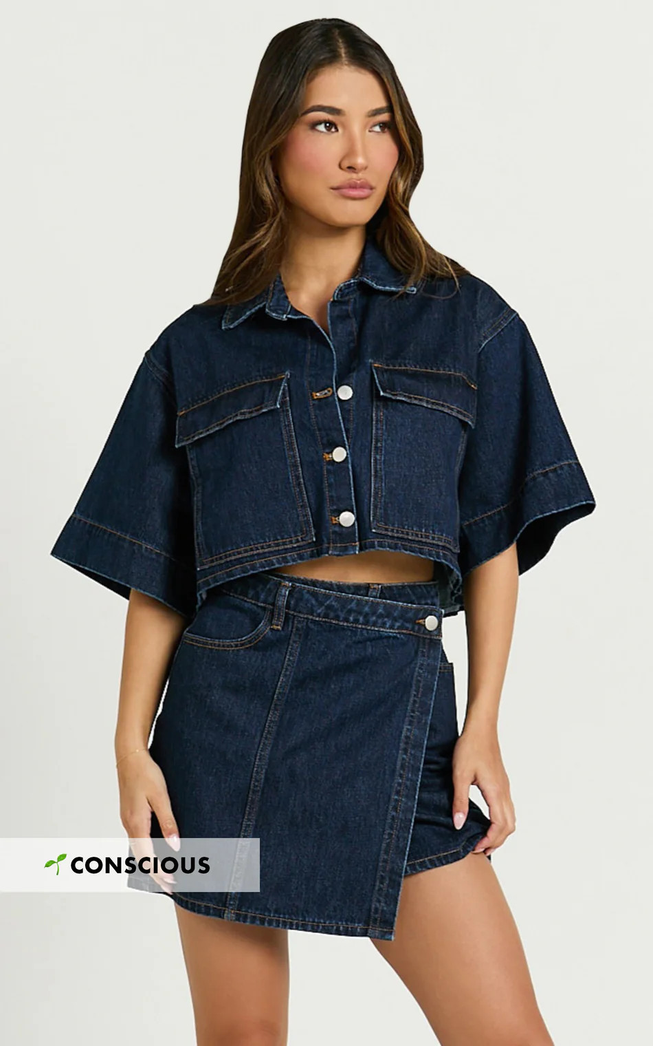 Katherine Mini Skirt - Cross Front Recycled Denim Skirt in Dark Blue Wash | Showpo (US, UK & Europe)