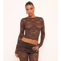 Long Sleeve Crew Neck Top In Brown Lace, Women's Size UK 10 | EGO (UK)