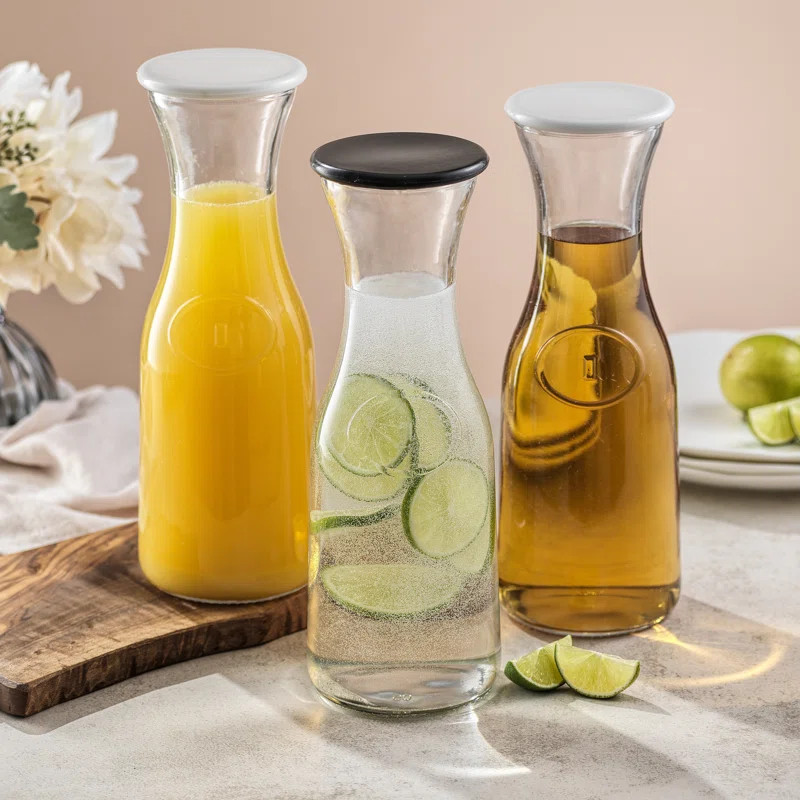 JoyJolt Hali Glass Carafe Bottle Pitcher with 6 Lids, 36 oz (Set of 3) | Wayfair North America