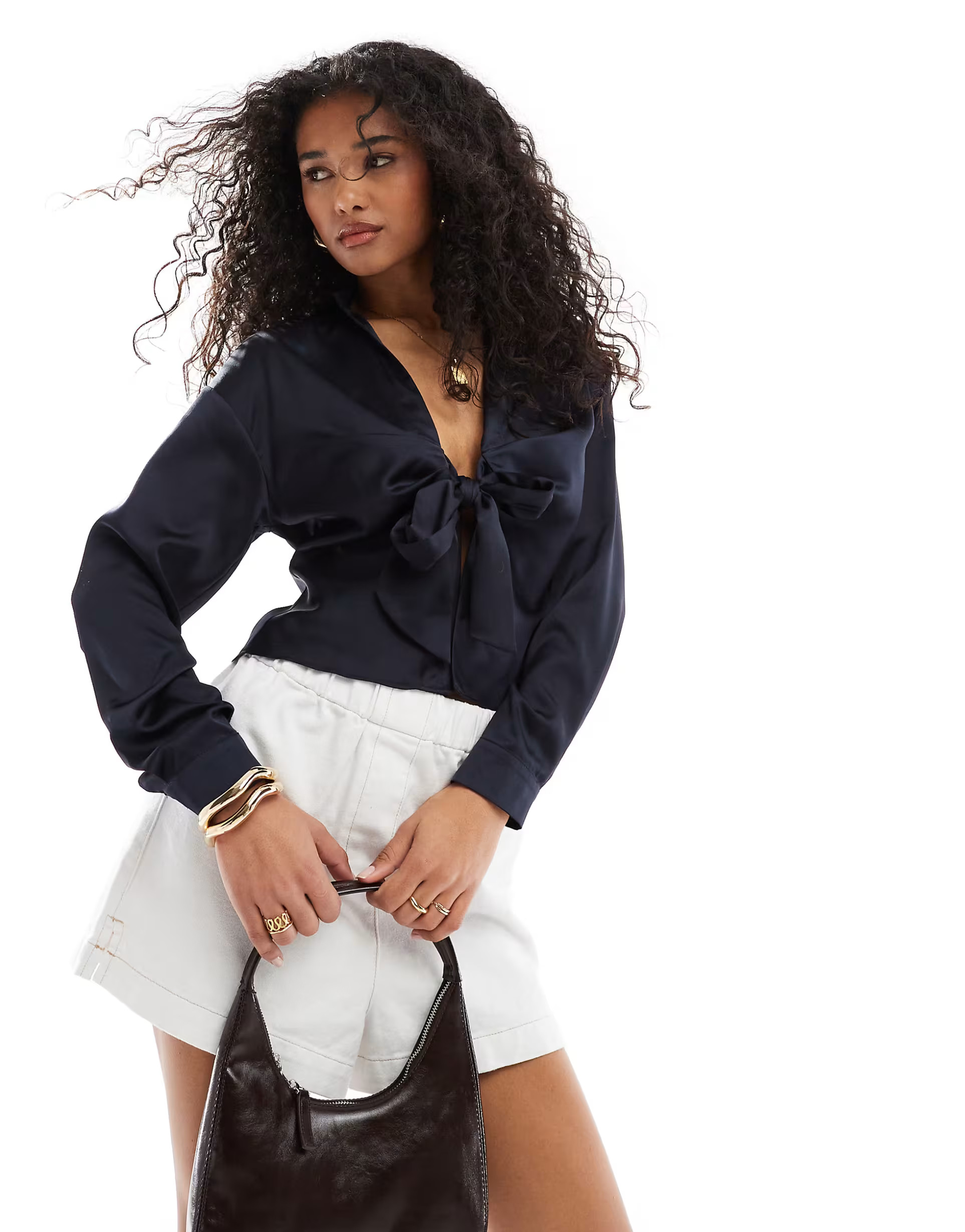 ASOS DESIGN satin tie front top in navy | ASOS (Global)