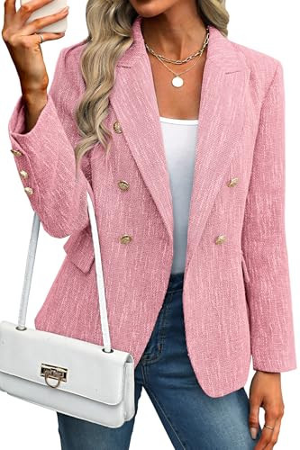 ELLEVEN Womens Tweed Blazers Business Casual Long Sleeve Double Breasted Bottons Jackets Work Suit Slim Fit Dressy Elegant Pockets Plaid Blazer Padded Shoulder Spring Fall Winter Light Pink X-Large | Amazon (US)