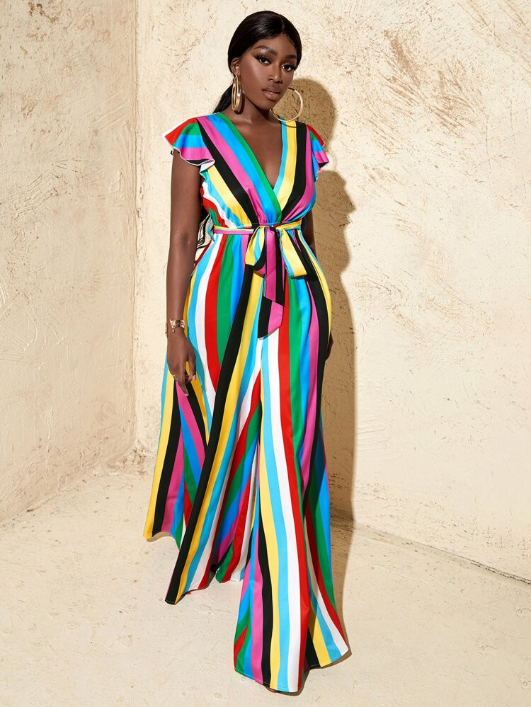 SHEIN SXY Colorful Striped Flutter Sleeve Plunge Neck Belted Wide Leg Jumpsuit | SHEIN