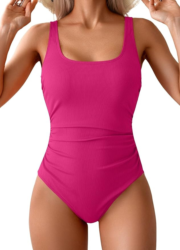 One Piece Swimsuit for Women Ribbed Tummy Control Bathing Suit Ruched Swim Suit Slimming Swimwear | Amazon (US)