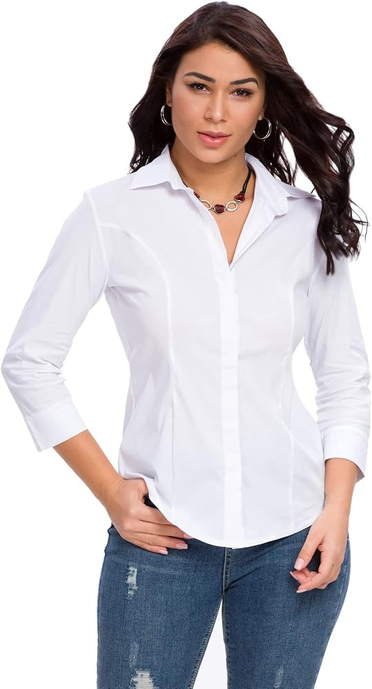 Womens Button Down Shirts Official Formal 3/4 Sleeve White Stretch Blouse Summer Dress Shirt | Amazon (US)